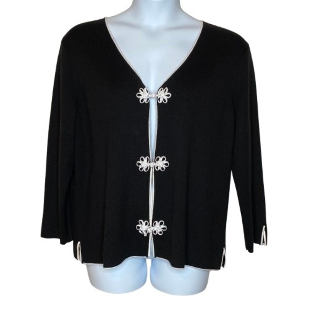Sandra Womens Knit Cardigan Sweater Sz 2X Black White Classic Frog Clasps Office